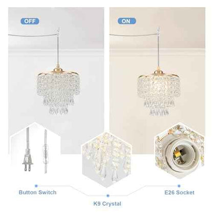 8" Plug in Pendant Light Corded Hanging Lights with Plug in Cord Hanging Lamp Plug in with 16.4 Ft Cord Mini Chandelier for Bedroom Kitchen Island Hallway Bathroom Closet (Gold)