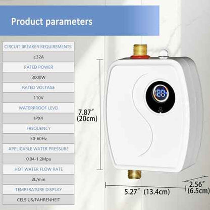 110V Tankless Water Heater Electric, 3000W Compact Water Heater, Heating Water On Demand Conveniently Convertible Between Fahrenheit and Celsius