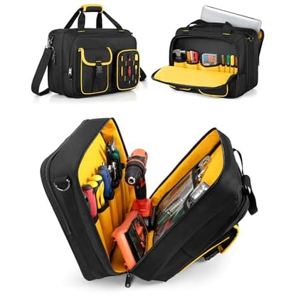 Electrician Tool Bag with Laptop Sleeve, Tool Tote with Multiple Pockets for Technicians, Black