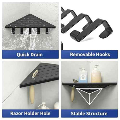 10¡®¡¯ Corner Shower Shelf, 304 Stainless Steel Shelves for Bathroom, Grout in Shelf with Hooks for Tiled Wall (Matte Black)