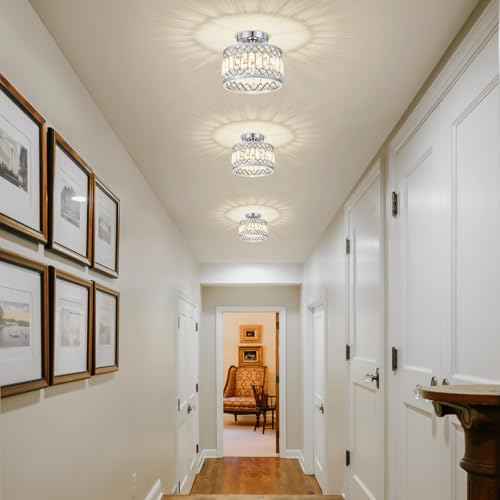 Crystal Chrome Ceiling Light, Modern Semi Flush Mount Ceiling Lighting Fixture, Round Hallway Lighting Fixtures for Entryway Kitchen Bedroom Laundry Room, 1-Light, 9 Inch