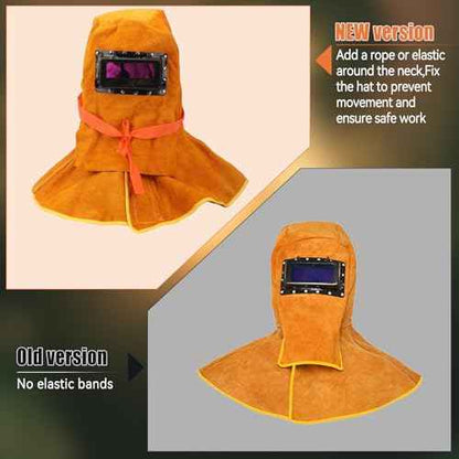 2025 Cowhide Leather Welding Hood with Solar Auto Darkening Filter Lens Mask,Full Protective Leather Welder Hood Welding Helmet with Neck Shoulder Protective,Welding Flame Heat Resistant Work Cap Hat