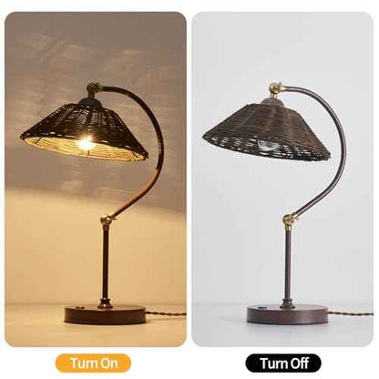 Woven Rattan Bedside Table Lamp for Bedroom, Boho Plug in Handmade Rattan Shade & Anti-Rust Iron Base Desk Lamp, Plug & Play Vintage Dark Brown Nightstand Lamp for Living Room, Office ¡¼Bulb Included¡½