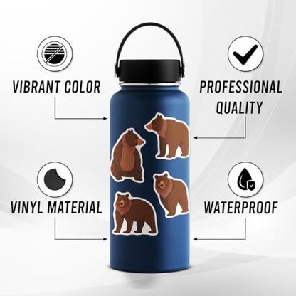 Pack 50 Pcs Cute Animal Brown Bear Stickers for Water Bottles Waterproof Laptop Luggage Computer Scrapbooking Teens Adults Girls Boys Aesthetic Sticker Packs Small Vinyl Decals