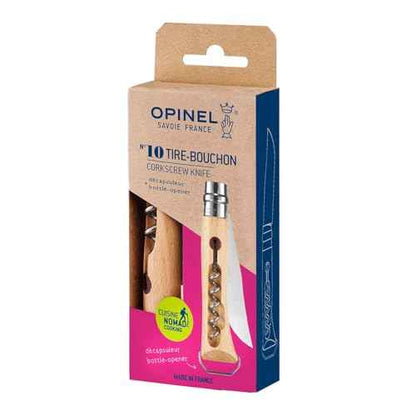 Opinel No. 10 Stainless Steel Corkscrew Wine and Cheese Folding Knife, Integrated Corkscrew + Bottle Opener, Beechwood Handle - Picnic Pocket Knife Made in France (Updated Version)