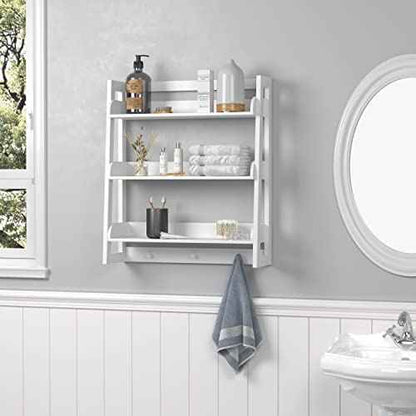 UTEX Bathroom Wall Shelf, Over Toilet Storage Shelf Organizer, 3-Tier Wall Mount Shelf Rack with Hook, White