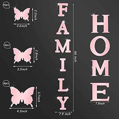 Outus 3D Family Home Sign Letters Living Room Decor Family Rustic Farmhouse Wall Decor Acrylic Mirror Decorative Butterfly Mirror Wall Sticker Decals for Living Room Bedroom Kitchen (Rose Gold)