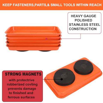 5 PCS Magnetic Trays, 9.4X5.5x1.4Inch, Magnet Tool Tray, Magnetic Parts Tray, orange, by GENHAKON