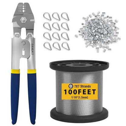Sanuke Wire Rope Crimping Tool Kit, 100FT 1/16" Stainless Steel Cable 7X7 Strand Core, 100PCS Aluminum Crimping Loop Sleeve, 12PCS Wire Rope Thimble