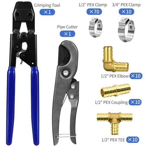 PEX Cinch Clamp Tool Kit, 3/8" to 1" PEX Pipe Clamp Cinch Tool with 30 pcs 1/2" Brass PEX Fittings Combo, 1pcs Pipe Cutter, 70 pcs 1/2" PEX Cinch Clamps, 10pcs 3/4" PEX Cinch Clamps