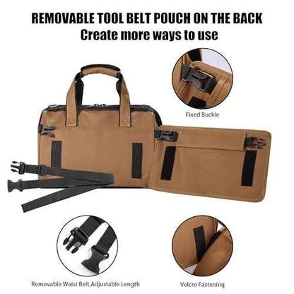 14 Inch Heavy Duty Tool Bag,22-Pocket Wide Mouth Soft Tool Box Organizer,Detachable Tool Belt Pouch with Adjustable Shoulder Strap and Waist Belt,Multifunction Carrying Toolbag for Men/Women