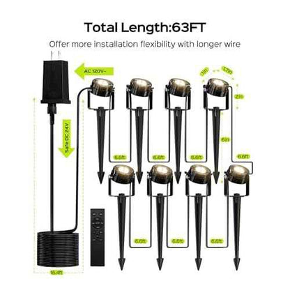 JACKYLED 8-Light LED Low Voltage Landscape Lighting, 9W Outdoor Spot Lights with Adapter, 3000K Warm White, ON/Off Timer, IP65 Waterproof Spotlights with Spiked Stand for Pathway, Patio, Tree, 63FT