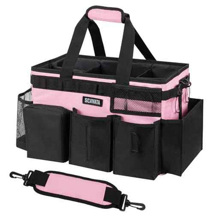 Wearable Cleaning Caddy Bag, Cleaning Caddy Supplies Organizer with Handle & Shoulder Straps for Housekeepers, Under Sink & Car Cleaning Tool Organizers with 4 Foldable Divider (SweetPink)