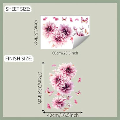 Pink Dahlia Flower Butterfly Wall Stickers, Daisy Peony Floral Art Wall Decals Removable Vinyl Peel and Stick Bathroom Living Room Bedroom Furniture Door Home Decorations