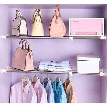 BAOYOUNI Expandable Closet Tension Shelf Rod Organizer Adjustable Storage Rack Heavy Duty Clothes Hanger Metal Space Saving Divider for Bathroom Kitchen Cupboard Wardrobe Bookshelf 32''-46'', Ivory