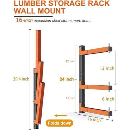 Lumber Rack Heavy Duty Wood Racks Wall Mount Folding Lumber Storage Racks with 3-Level Holds Up 360 LBS Sturdy Folding Garage Wood Organizer Orange Shelving Metal Shelf for Indoor & Outdoor- 2 Pack