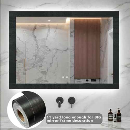 11Yard Peel&Stick Black Wood Grain Wallpaper Border Bathroom Mirror Frame Sticker Removable Waterproof Kitchen Wall Decor Tape (Black, 3.94Inch x 32.8Ft)