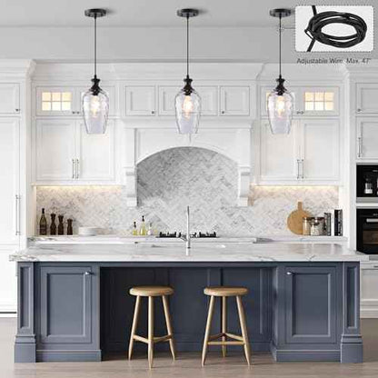 Glass Pendant Lights Kitchen Island, 1-Light Black Pendant Light Fixtures with Hand-Blown Clear Glass, Farmhouse Hanging Light for Kitchen Sink Dining Room Bedroom, E26