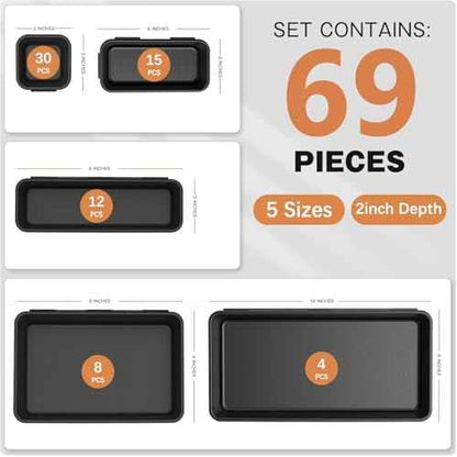 69PCS Large Plastic Interlocking Drawer Organizer, 5 Sizes Versatile Desk Drawer Organizer Trays, Drawer Dividers, Organization and Storage Bins for Tools,Office,Jewelries,Kitchen Utensils and Makeup