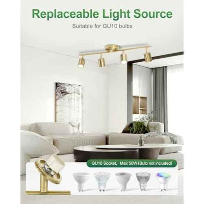 4 Ways Track Lighting, Rotatable Heads Tracks Light, Track Lightings Fixtures Ceiling with Foldable Arms, Brushed Gold Tracks Light for Kitchen, Living Room, Hallway(Bulbs Not Included)