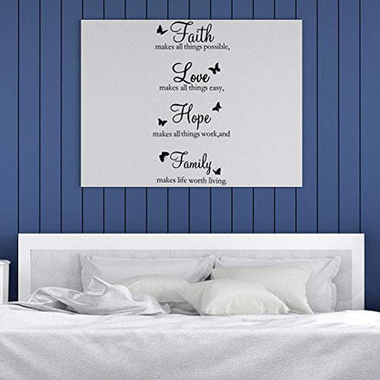 2 Sheets Family Vinyl Wall Decor Stickers, Faith Makes All Things Possible, Family Scripture Quote Wall Decals, Inspirational Quote Sayings Butterfly Art Decals Stickers(Black)