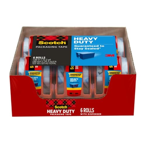 Scotch Heavy Duty Shipping Packaging Tape, 6 Rolls with Dispenser, 1.88" x 22.2 yd, 1.5" Core, Great for Packing, Shipping & Moving, Clear (142-6)
