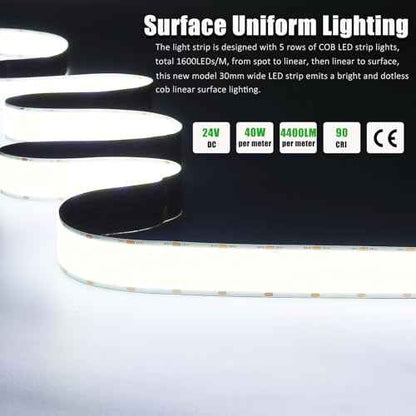 JOYLIT 30MM Wide COB LED Strip Lights 24V Cool White 6000K 16.4FT/5M 8000LEDs 22000LM Ultra Bright, 5 Rows LED Tape Light CRI 90+ 160W Dimmable Indoor Light Strip for Commercial, Home, Industrial
