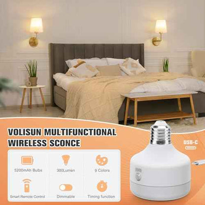 VOLISUN Battery Operated Wall Sconce Set of Two,Gold Wireless Sconces with Romote and Rechargeable Bulbs,9 Colors Indoor Wireless Wall Lights for Bedroom Living Room Hallway