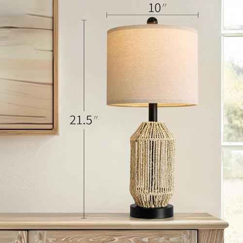 OYEARS 21" Boho Table Lamps Set of 2 for Living Room, Bedside Lamps for Nightstand, Rattan Lamp for Bedroom, Farmhouse Table Lamps for Boho Decor, End Table, Retro, Black