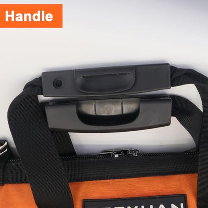 Tool Bag 16 Inch Molded Plastic Base Heavy Duty Waterproof Orange Tool Organizer Wide Mouth With Shoulder Strap for Power Tools and Hand Tools Oxford Cloth Fabric (16 Pockets)