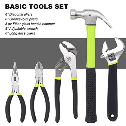 FASTPRO 215-Piece Home Repairing Tool Set with 12-Inch Wide Mouth Open Storage Bag, Household Hand Tool Kit, Green
