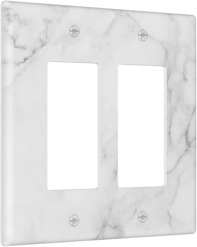 White Marble Pattern Wall Plate Decorative Double Rocker Outlet Light Switch Cover 2-Gang Decorator Art Print Faceplate for Bedroom Kitchen Kids Room Decor 4.6" X 4.5"
