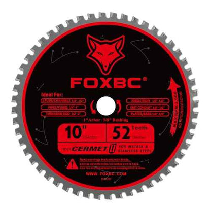 FOXBC 10 Inch Metal Steel Cutting Saw Blade 52 Teeth, 1" Arbor with 5/8" Bushing, Cermet Carbide Up to 5X Longer Life