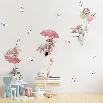 Cute Pink Bunny Butterfly Wall Stickers, sacinora Cartoon Little Rabbit Animal DIY Wall Decals Removable Vinyl Peel and Stick for Girl Kids Nursery Living Room Bedroom Children's Room Art Decorations