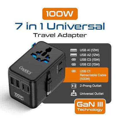 Ceptics GAN 100W Universal Travel Adapter with Retractable USB-C Cable, 2X USB-A & C, Universal Input and 1x USA/JP Input, 7 in 1 Universal Adapter for Worldwide Travel - Type A, C, G, I Output