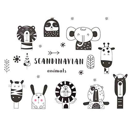 Maydahui Safari Jungle Animal Wall Decals Scandinavian Style Woodland Black White Animal Wall Sticker(55x30 Inch) Peel Stick Removable Art Decal Decor for Baby Kids Bedroom Nursery Changing Table
