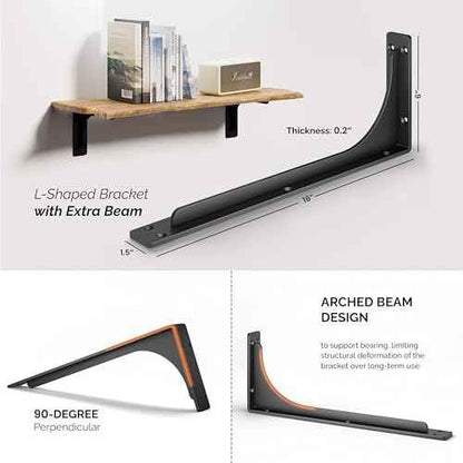 BATODA 16¡± Shelf Brackets with Beam (4pcs) - L Shelf Brackets Black - Hook Brackets for Floating Shelves - Wall Mounted Support for DIY Open Shelving ? Mounting Hardware Included (Pack 4) (4, 16 Inch)
