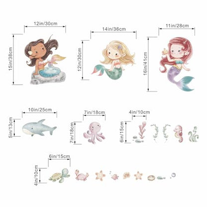 Ocean Mermaid Wall Decals - Under The Sea Marine Fish Whale Turtle Seaweed Grass Wall Stickers - Bathroom Baby Kids Nursery Girls Bedroom Daycare Wall Decor