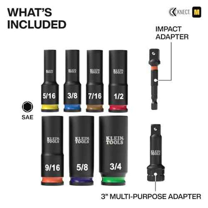 Klein Tools 65109IMPCT KNECT Deep-Well 3/8-Inch Drive Impact Socket Set, SAE, 9-Piece Tool Set with Impact Driver Adapter, Multi-Purpose Wrench Adapter, Color-Coded, MODbox Socket Organizer