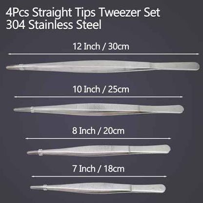 4Pcs 304 Stainless Steel Tweezer Set, 7" 8" 10" 12" Long Tweezers with Precision Serrated Straight Tips, Non-slip Kitchen Tweezers for Cooking Baking Crafts Tank Aquarium Terrarium