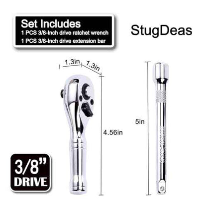 3/8-Inch Drive Ratchet Wrench, 72-Tooth Stubby Quick-Release Socket Wrench with a Extension Bar(5 inch), Reversible Switch, Chrome Alloy Made, Full-Polished Chrome Plating