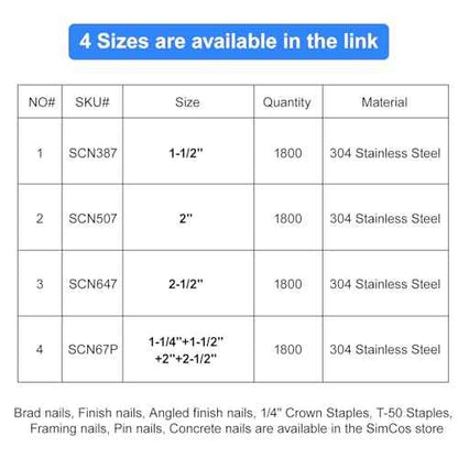 16 Gauge 304 Stainless Steel Straight Finish Nails, Assorted Size Project Pack for Pneumatic, Electric Finish Nailer or Nail Gun (1-1/2")