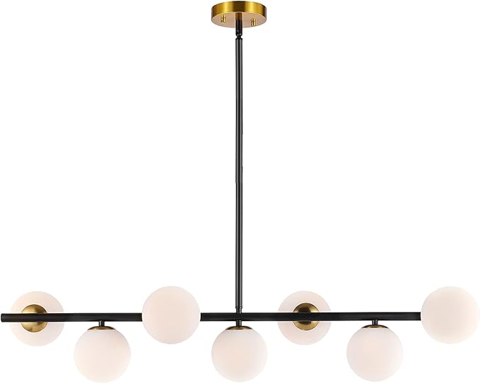 7 Lights Modern Sputnik Chandelier Globe White Glass Shade Linear Mid Century Farmhouse Pendant Light Fixture for Dining Kitchen Island Bedroom Lighting (Gold/Black)