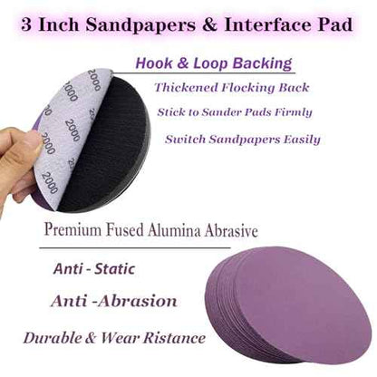 3 Inch 1000 Grit Wet Dry Sandpaper, 50pcs Sanding Disc, Hook and Loop Premium Aluminum Oxide Sand Paper for Metal, Wood, Auto