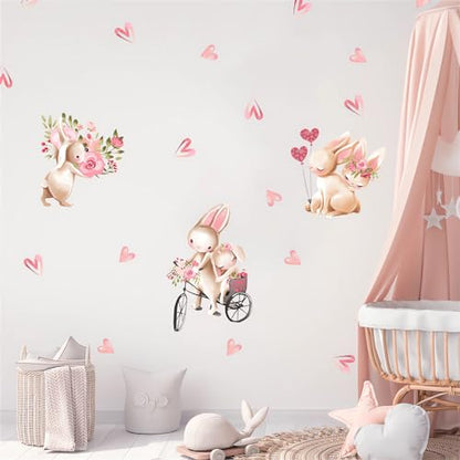 Cute Pink Bunny Love Pattern Wall Stickers, sacinora Little Rabbit Cartoon Animal DIY Wall Decals Removable Vinyl Peel and Stick for Kids Baby Girl Nursery Bedroom Toddler Room Kindergarten Decoration