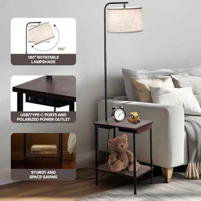Floor Lamp with Table & Drawers, End Table Lamp with USB Charging Portt Power Outlet and Shelves, Side Table Reading Light with 3 Color Temperature Led Bulb Included for Living Room, Walnut