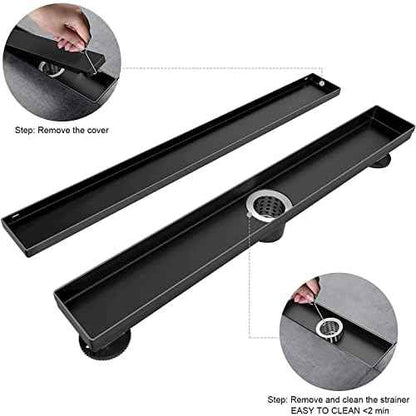 EXF Linear Shower Drain 28 Inch Matte Black with Reversible Flat & Tile Insert Cover, Stainless Steel Rectangle Shower Floor Drain with Hair Catcher, Adjustable Feet