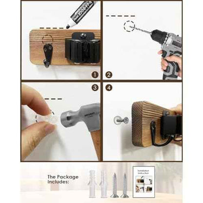 AceMining Broom Holder Wall Mounted, 2 Pack 4 Holders and 4 Hooks Mop Holder, Wooden Mop and Broom Holder with Anti slip rubber, Natural pine wood Brush Holder, Mop Wall Holde with Nail installation