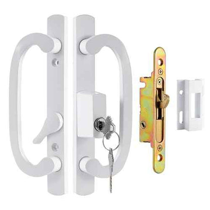 Keyed Sliding Patio Door Handleset, 45¡Æ Keyway, 3-15/16" H.C., Fits 1-3/8" to 2" Thick Doors, Non-Handed, White Diecast, Offset Position with Mortise Lock and Keeper£üOff Center Thumb Latch