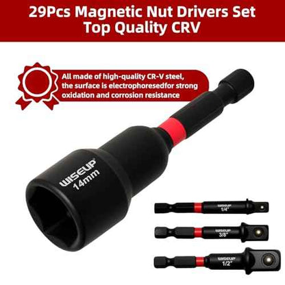 WISEUP 29PCS Magnetic Nut Driver Set£¬Impact Drill Driver Bit Set & 1/4" Hex Shank£¬Cr-V Steel SAE & Metric Power Nut Drivers£¬Includes Magnetic Bit Holder, Quick Release Extension with Storage Bag